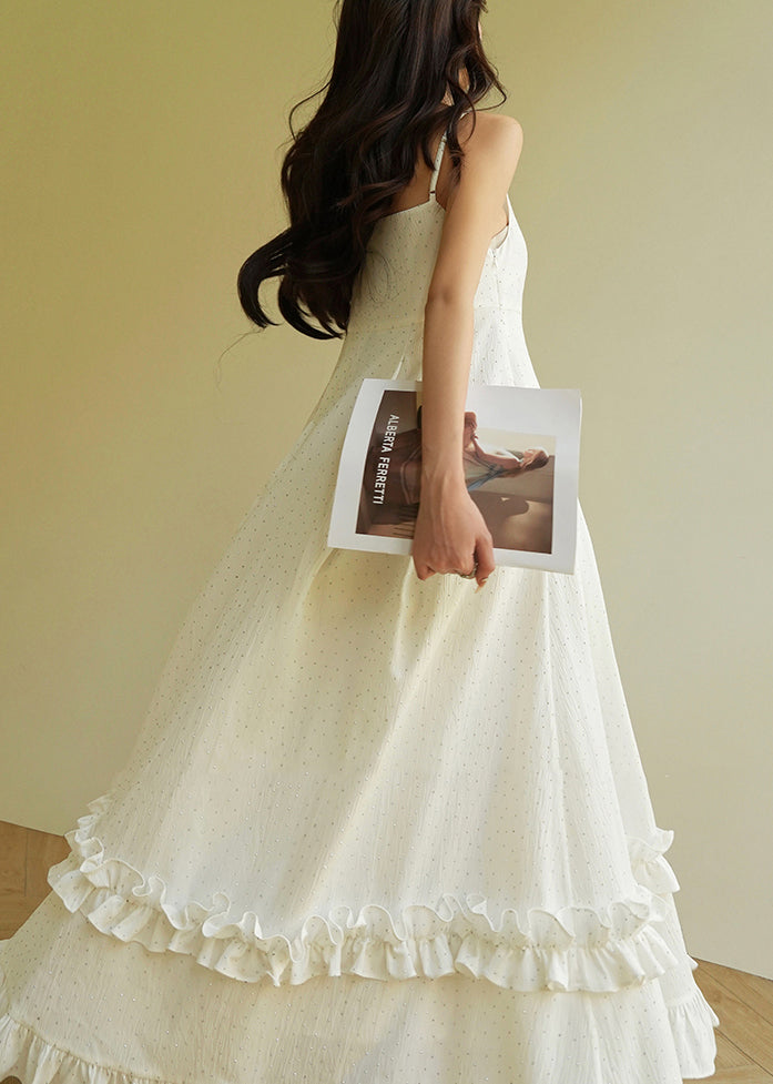 Beige Slash Neck Print Ruffled Patchwork Long Spaghetti Strap Dress Sleeveless