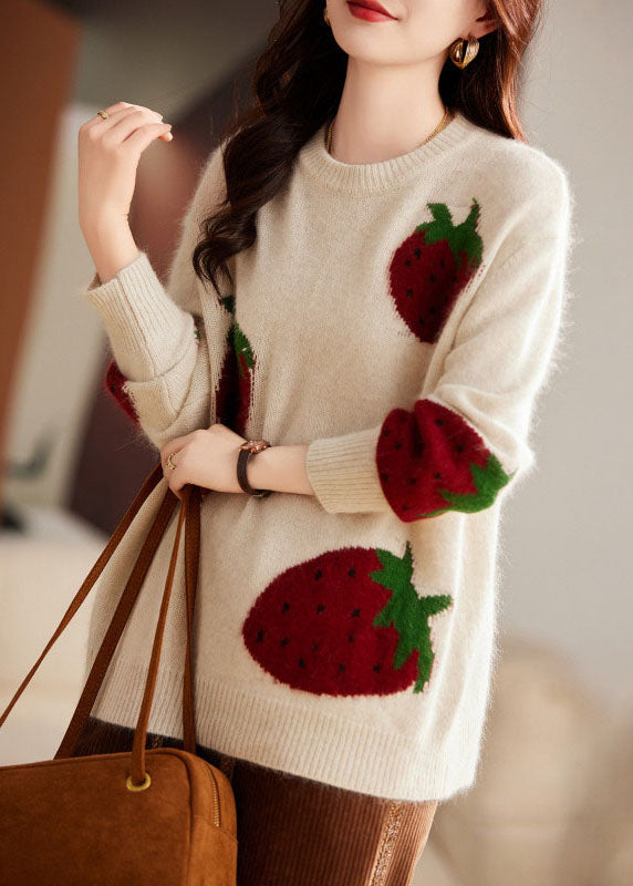 Beige Strawberry Print Cozy Cotton Knit Sweater Long Sleeve