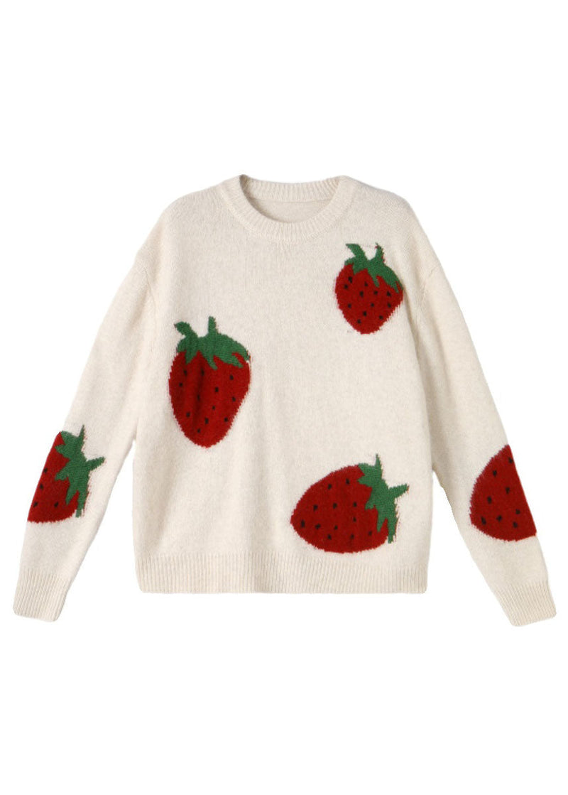 Beige Strawberry Print Cozy Cotton Knit Sweater Long Sleeve