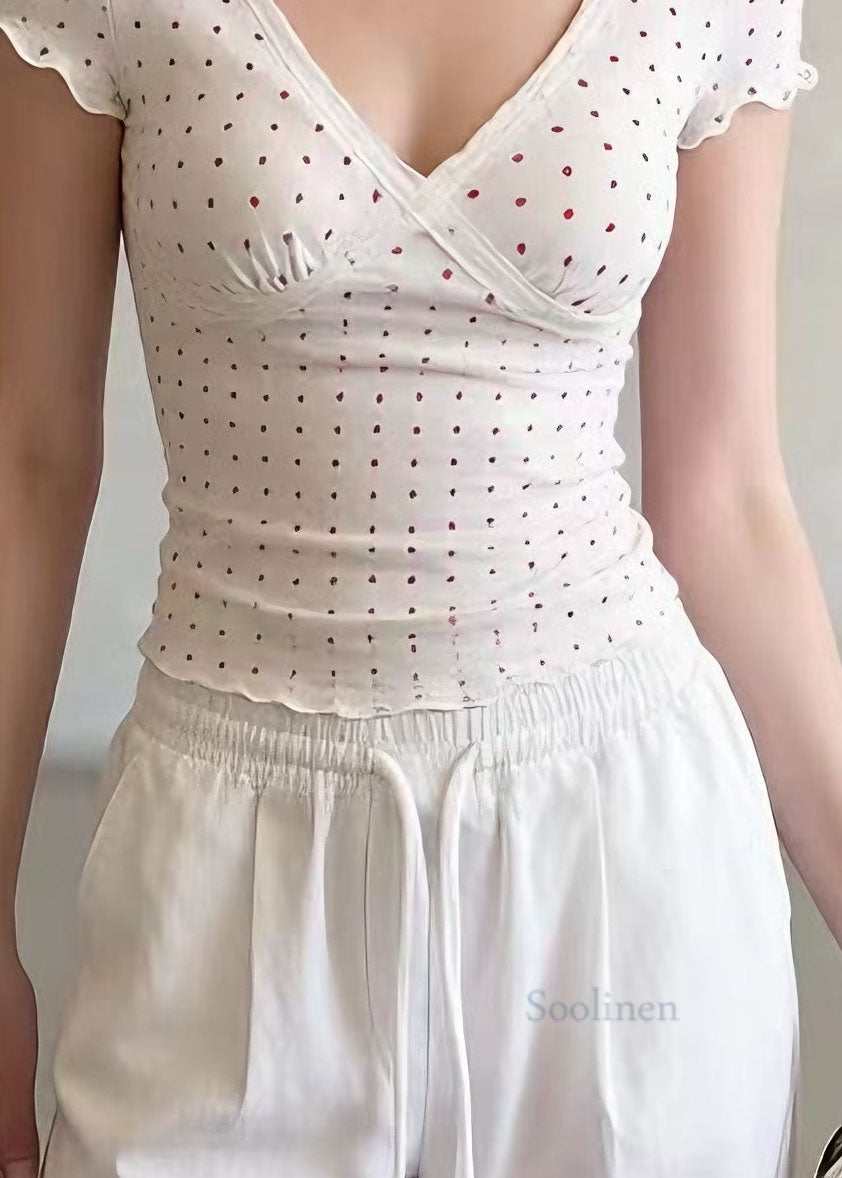 Beige V Neck Print Lace Patchwork Cotton T Shirt Summer