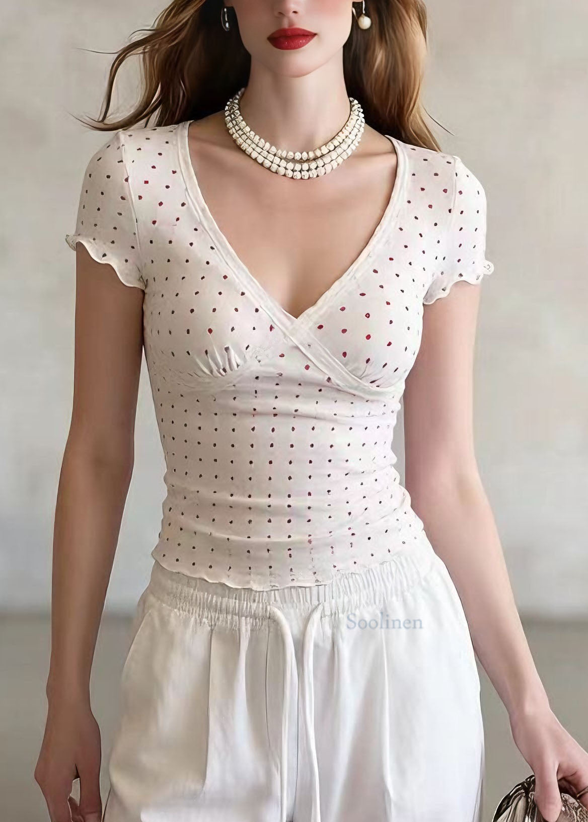 Beige V Neck Print Lace Patchwork Cotton T Shirt Summer