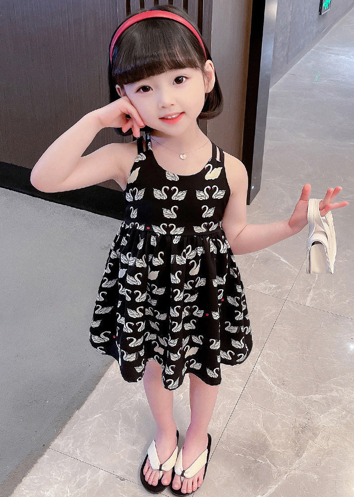 Black Animal Print Patchwork Cotton Slip Long Dress Summer