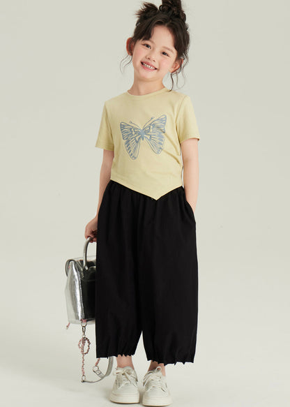 Black Asymmetrical Butterfly Print Top and Crop Pants Two Pieces Set Short Sleeve