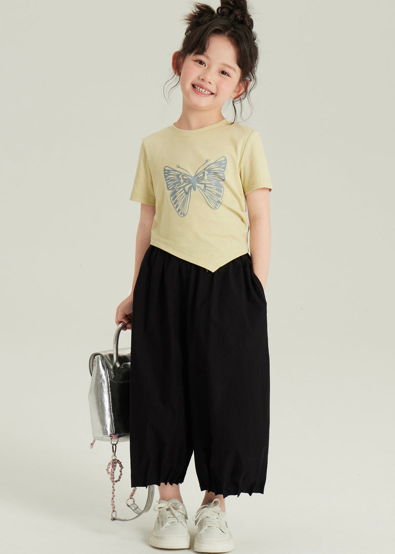 Black Asymmetrical Butterfly Print Top and Crop Pants Two Pieces Set Short Sleeve