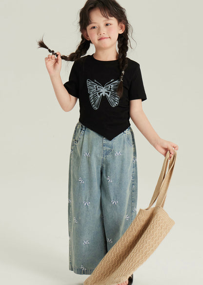 Black Asymmetrical Butterfly Print Top and Crop Pants Two Pieces Set Short Sleeve