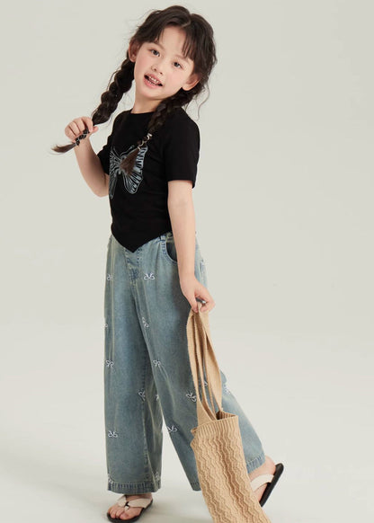 Black Asymmetrical Butterfly Print Top and Crop Pants Two Pieces Set Short Sleeve