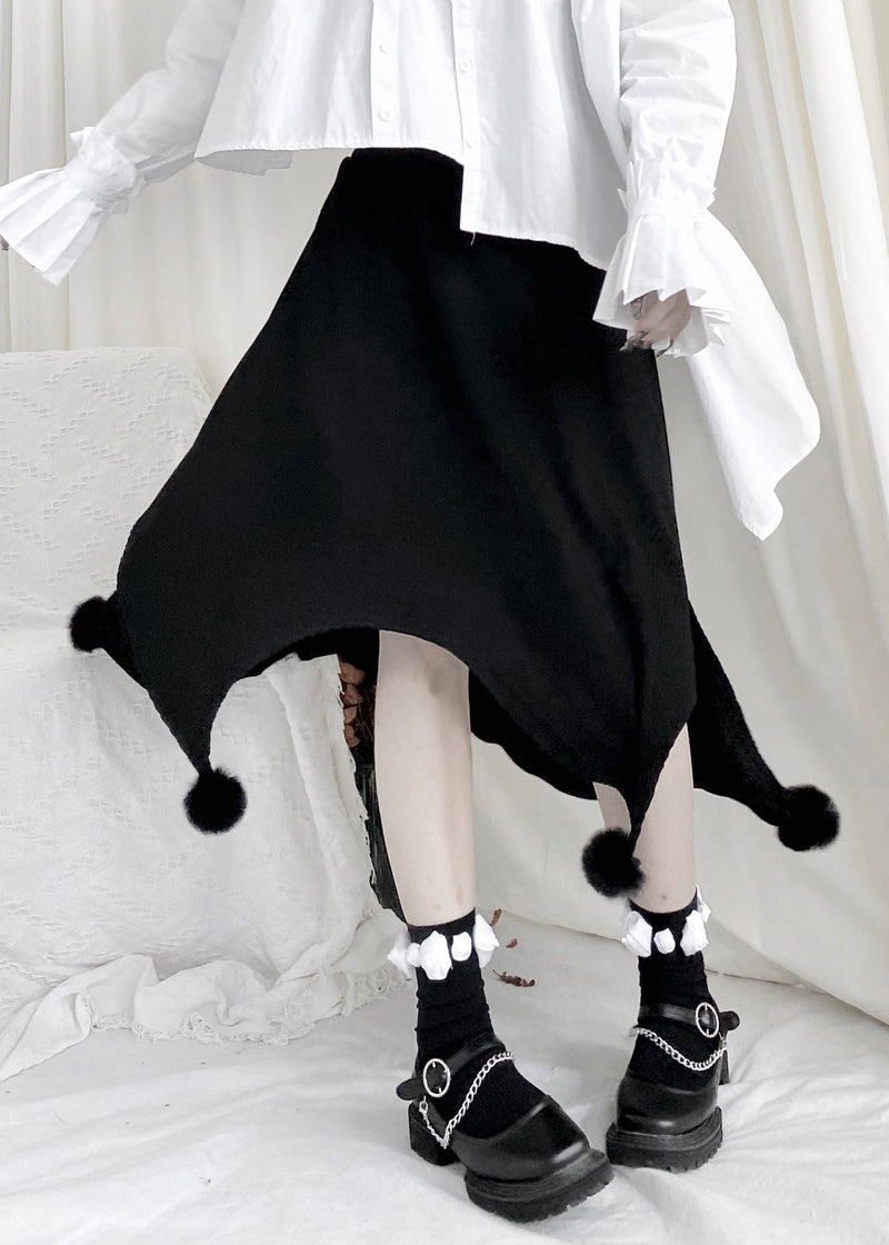 Black Fuzzy Ball Decorated Asymmetrical Skirts