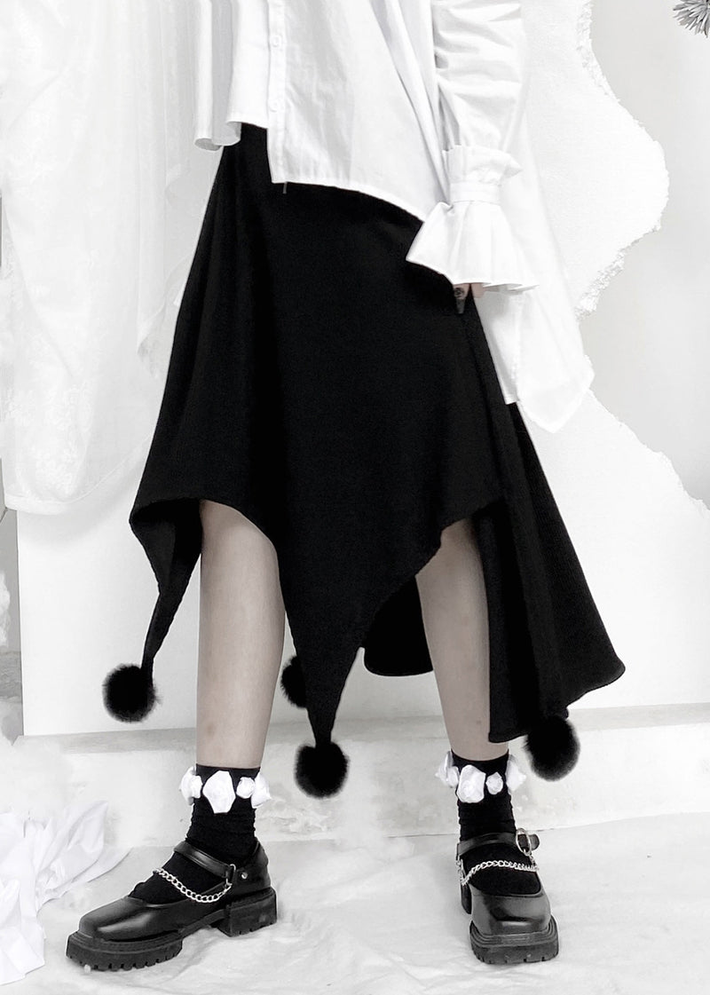 Black Fuzzy Ball Decorated Asymmetrical Skirts