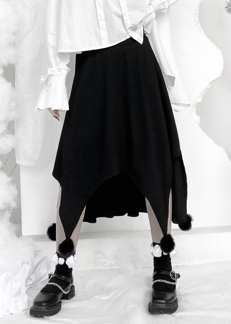 Black Fuzzy Ball Decorated Asymmetrical Skirts