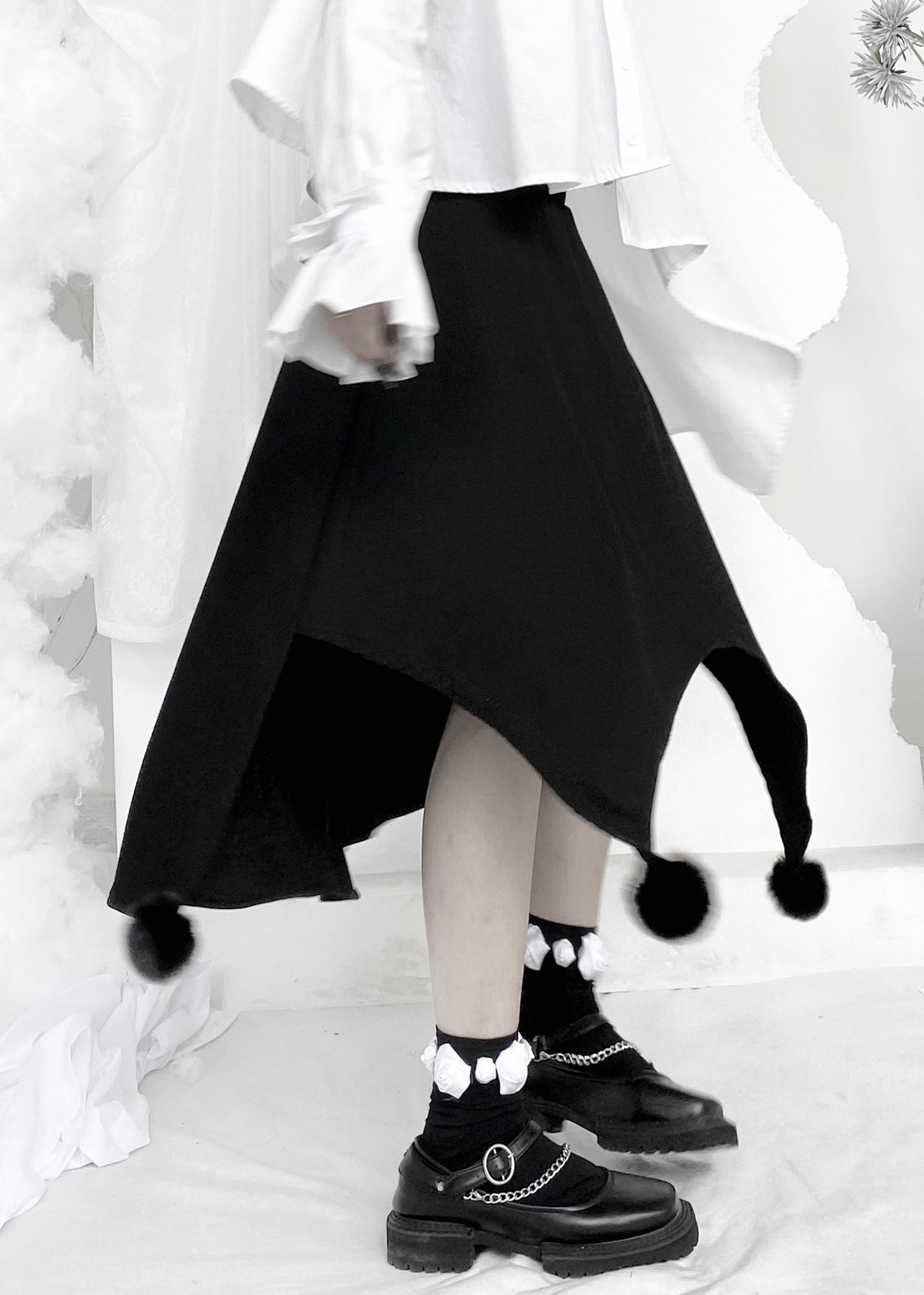 Black Fuzzy Ball Decorated Asymmetrical Skirts