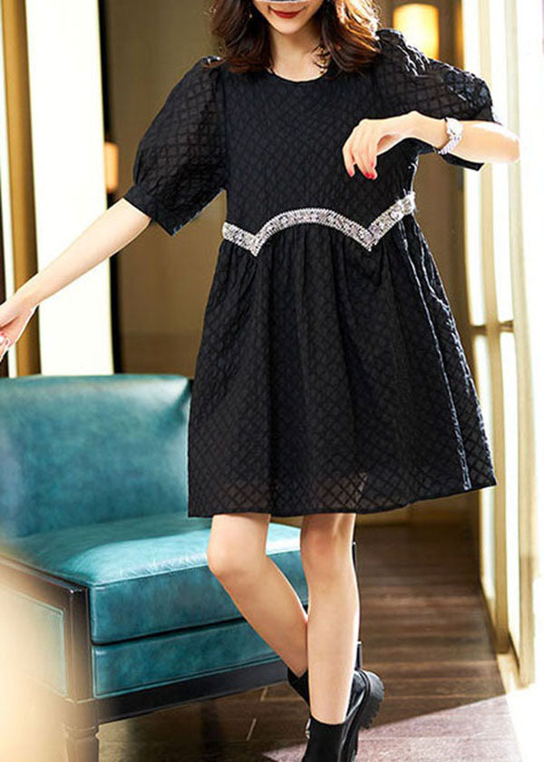 Black O Neck Zircon Patchwork Cotton Dresses Summer