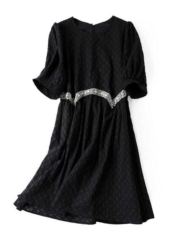 Black O Neck Zircon Patchwork Cotton Dresses Summer