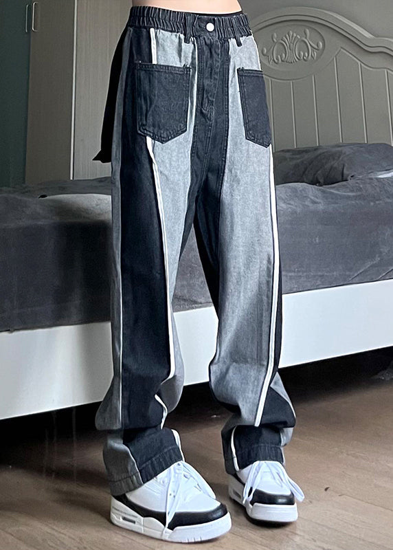 Black Oversized Patchwork Cotton Pants Spring