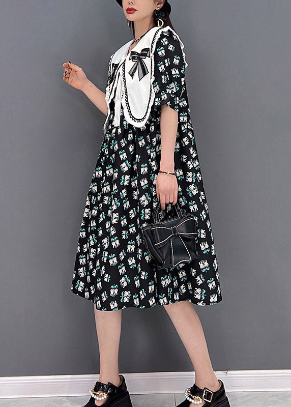 Black Peter Pan Collar Bow Print Chiffon a Line Dresses Short Sleeve