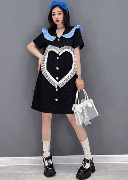 Black Peter Pan Collar Love Tulle Patchwork Shirt Dress Short Sleeve