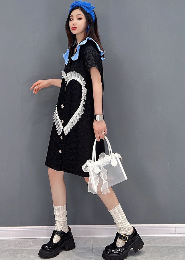 Black Peter Pan Collar Love Tulle Patchwork Shirt Dress Short Sleeve