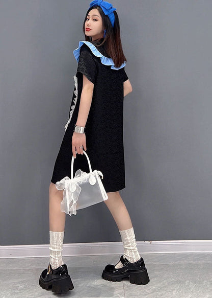 Black Peter Pan Collar Love Tulle Patchwork Shirt Dress Short Sleeve