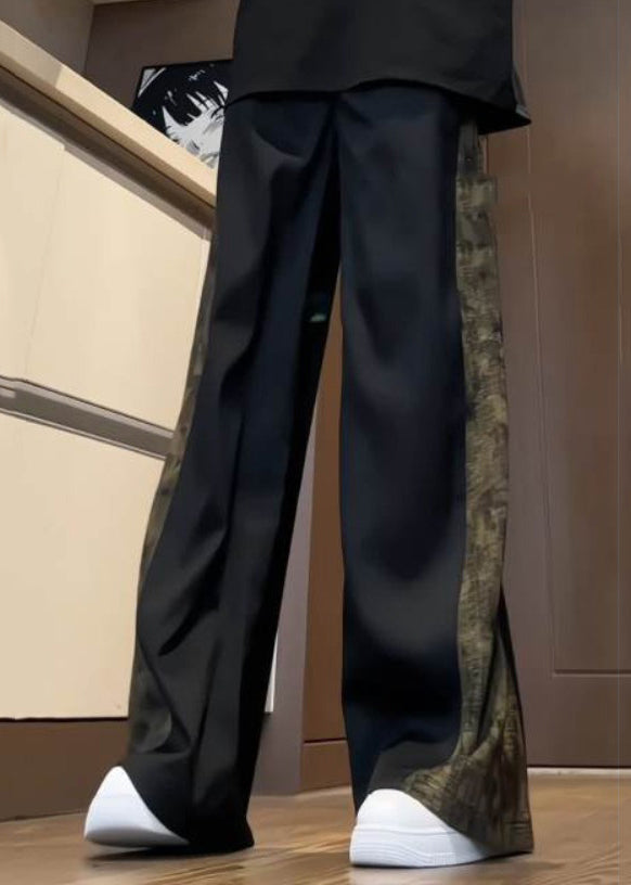 Black Pockets Print Patchwork Cotton Pants Summer