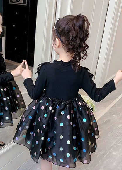 Black Print Ruffled Tulle Patchwork Cotton Baby Dress Fall
