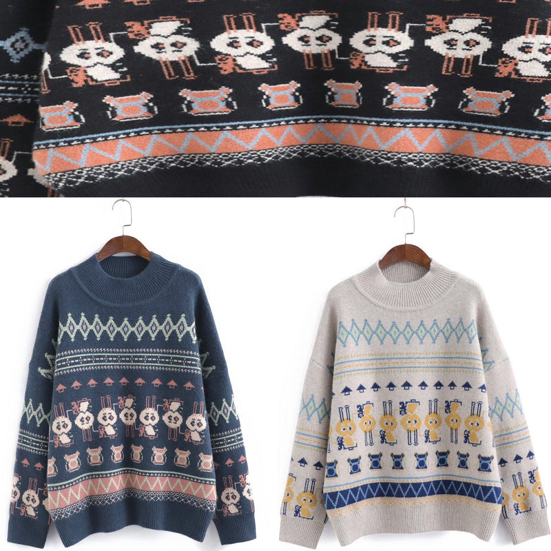 Black Rabbit Pattern Knit Sweat Tops High Neck Sweater Tops