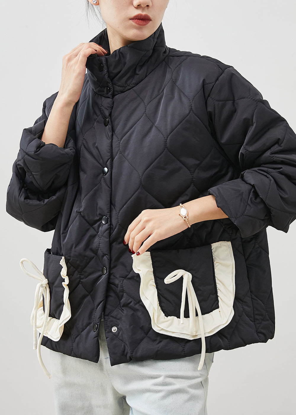 Black Ruffled Patchwork Pockets Fine Cotton Filled Jacket Spring