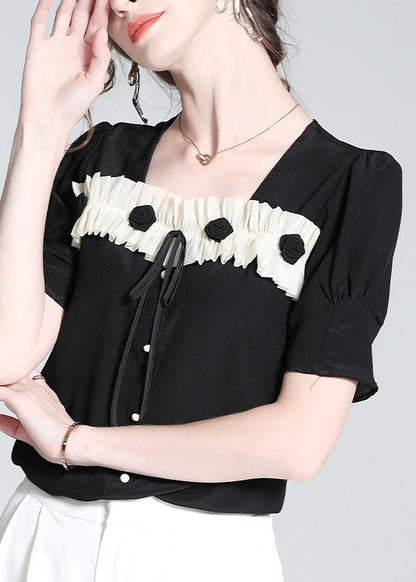 Black Square Collar Patchwork Silk Top Summer