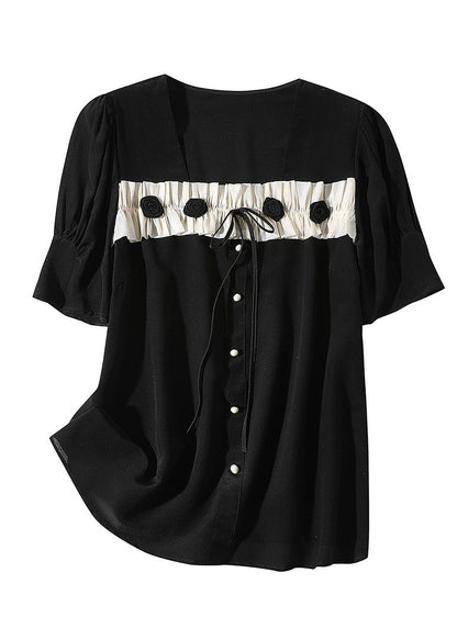 Black Square Collar Patchwork Silk Top Summer