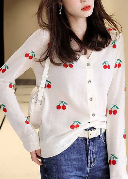 Black V Neck Embroideried Button Woolen Knit Cardigan Long Sleeve