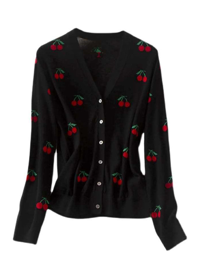 Black V Neck Embroideried Button Woolen Knit Cardigan Long Sleeve