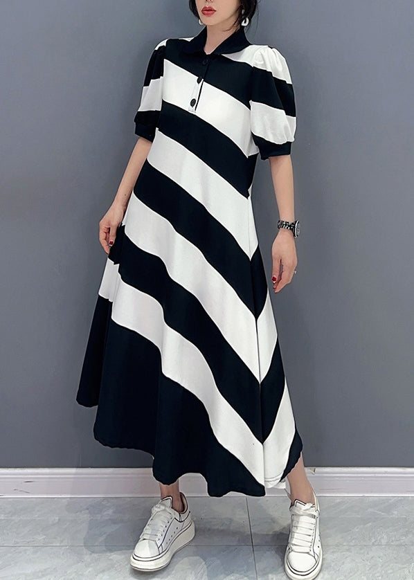 Black White Striped Peter Pan Collar Patchwork Long Dress Short Sleeve