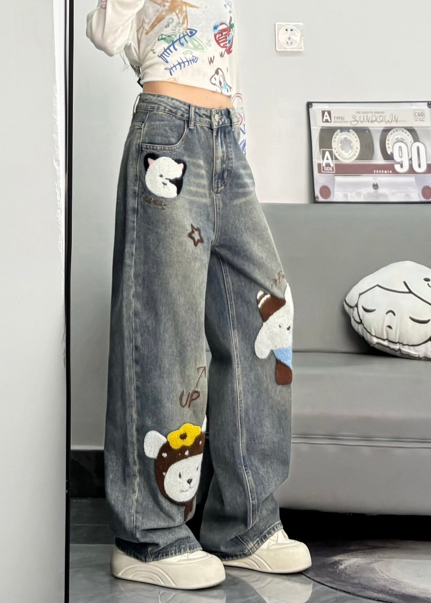 Blue Embroidered Character Denim Pants Spring