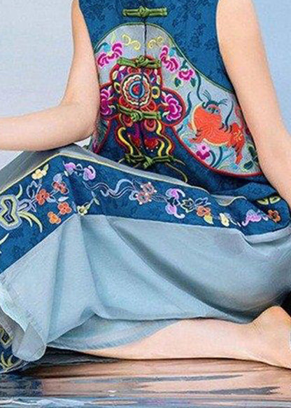 Blue Embroideried Elastic Waist Pockets Cotton Crop Pants Summer