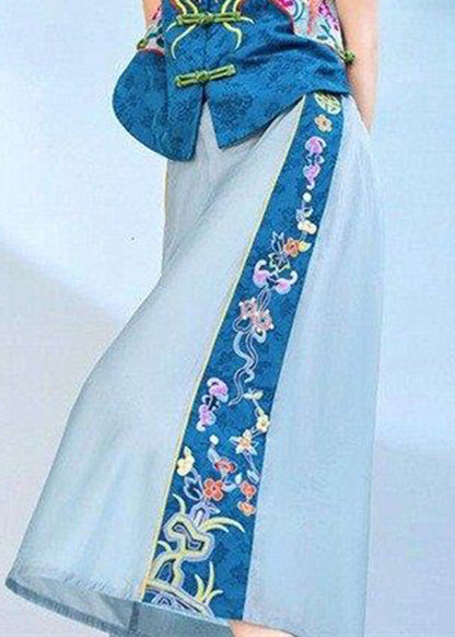 Blue Embroideried Elastic Waist Pockets Cotton Crop Pants Summer