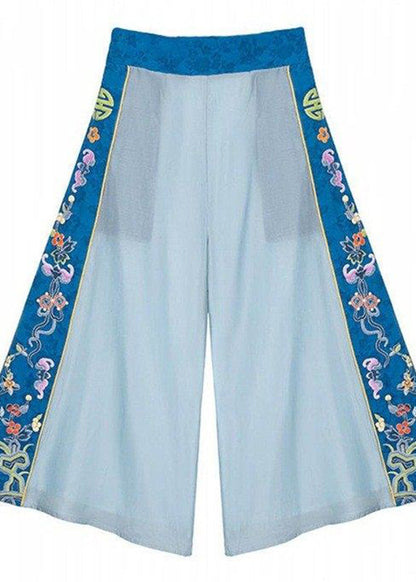 Blue Embroideried Elastic Waist Pockets Cotton Crop Pants Summer