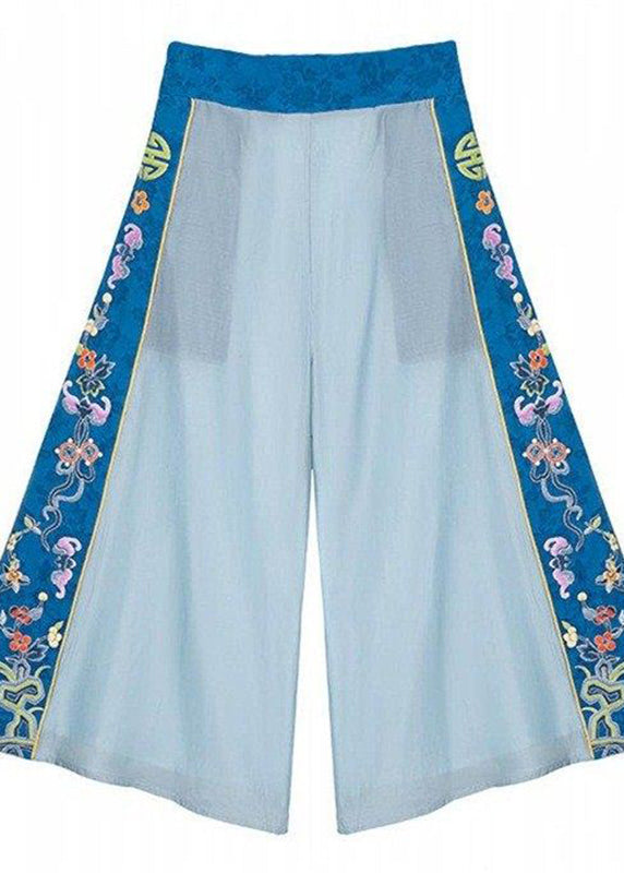 Blue Embroideried Elastic Waist Pockets Cotton Crop Pants Summer
