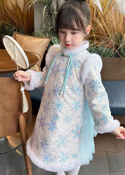 Blue Fur Collar Bow Tulle Patchwork Warm Fleece Long Dress Winter
