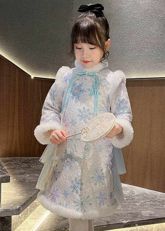 Blue Fur Collar Bow Tulle Patchwork Warm Fleece Long Dress Winter