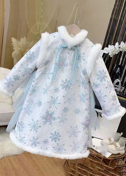 Blue Fur Collar Bow Tulle Patchwork Warm Fleece Long Dress Winter