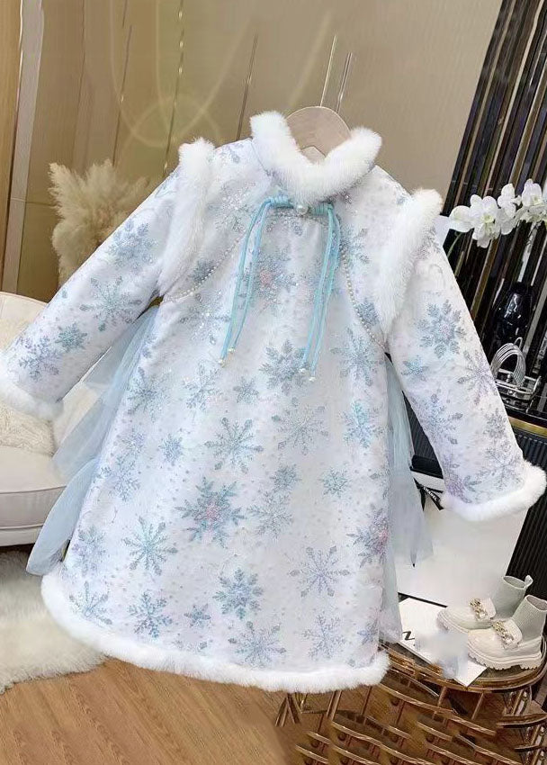 Blue Fur Collar Bow Tulle Patchwork Warm Fleece Long Dress Winter