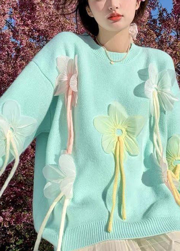 Blue O-neck Thick Cotton Knit Sweater Spring