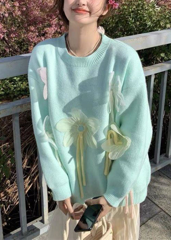 Blue O-neck Thick Cotton Knit Sweater Spring