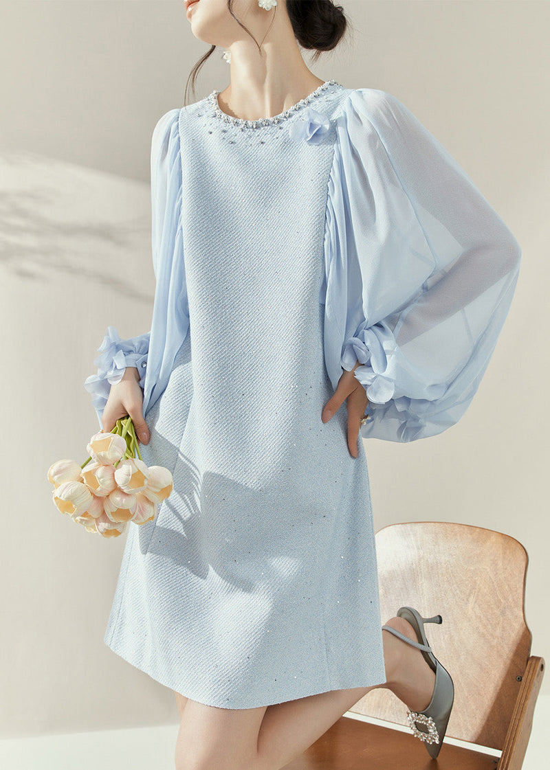 Blue O-neck Patchwork Zircon Mid Dress Lantern Sleeve