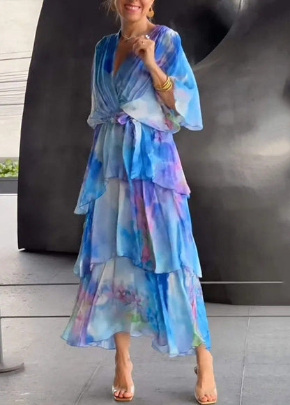 Blue O-neck Print Chiffon Long Dress Short Sleeve