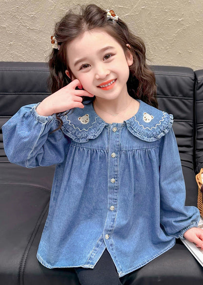 Cute Blue Peter Pan Button Collar Girls Shirt Long Sleeve