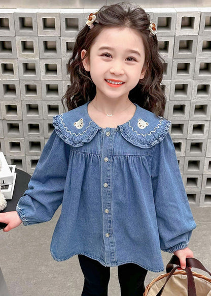 Cute Blue Peter Pan Button Collar Girls Shirt Long Sleeve
