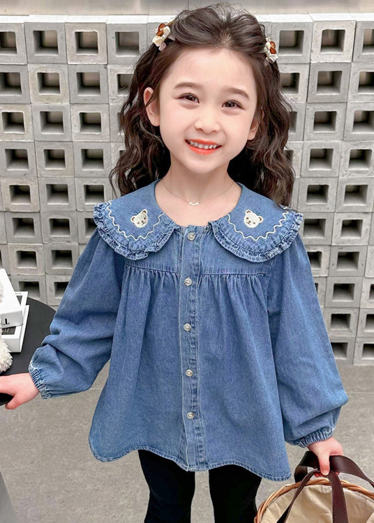Blue Peter Pan Button Collar Shirt Long Sleeve