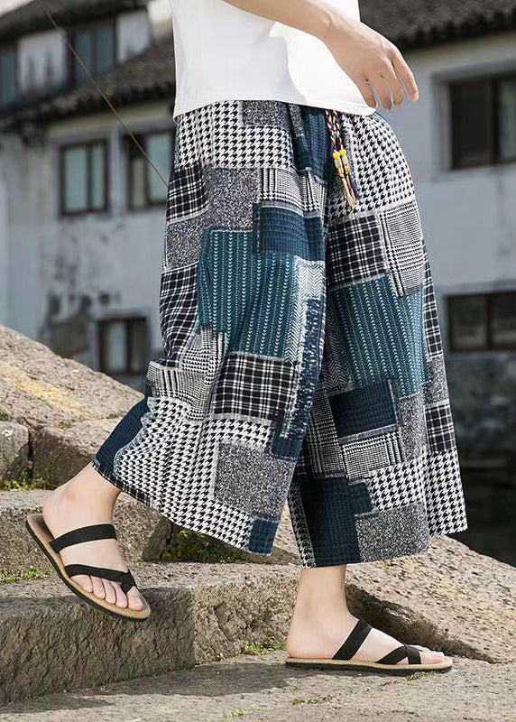 Blue Pockets Print Ice Silk Crop Pants Summer