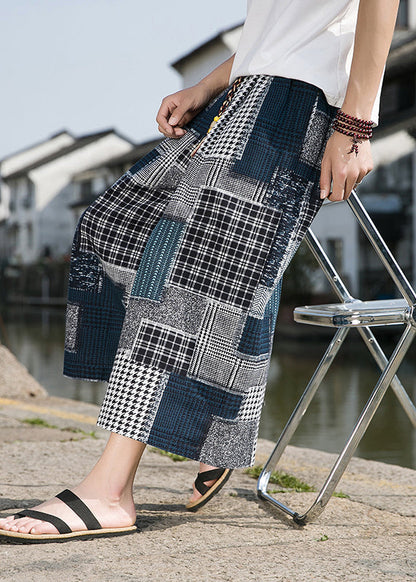 Blue Pockets Print Ice Silk Crop Pants Summer