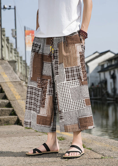 Blue Pockets Print Ice Silk Crop Pants Summer
