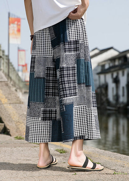 Blue Pockets Print Ice Silk Crop Pants Summer
